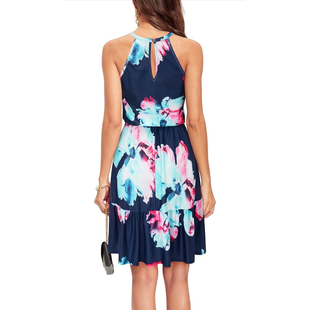 Newshows Womens Floral Halter Neck Mini Dress Blue Pink Stretchy Summer Size S - Picture 2 of 8